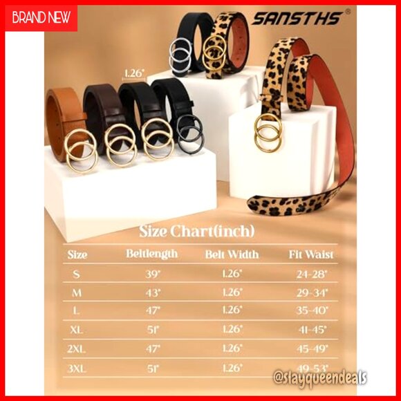 Women's Leather Belt with Double Ring Buckle Adjustable 24-55 Inches - Picture 6 of 7